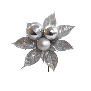 Silver Wreath Pick with 13 Silver Glittered Bay Leaves and 3 Silver Balls of Various Sizes. (Lot of 12 Picks) SALE ITEM